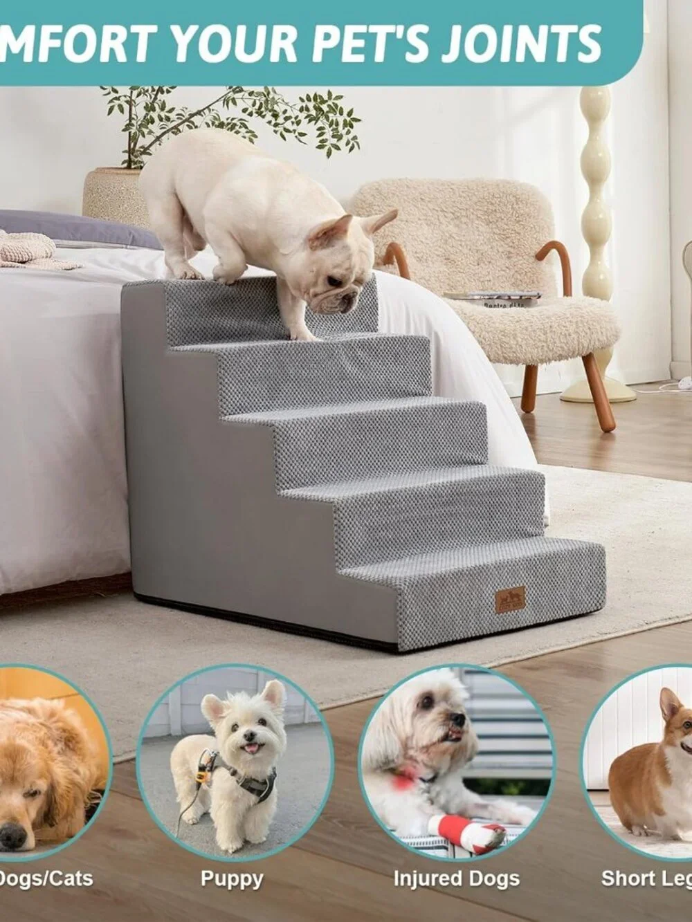 COZY KISS Dog Stairs for Small Dogs, 5 Tier Wider Pet Stairs for High Beds